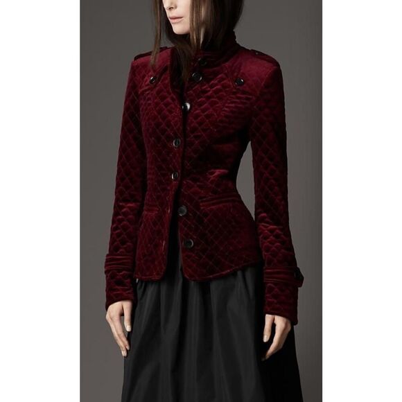Burberry London Quilted Velvet Military Jacket Burgundy Size 4 US - Picture 1 of 16